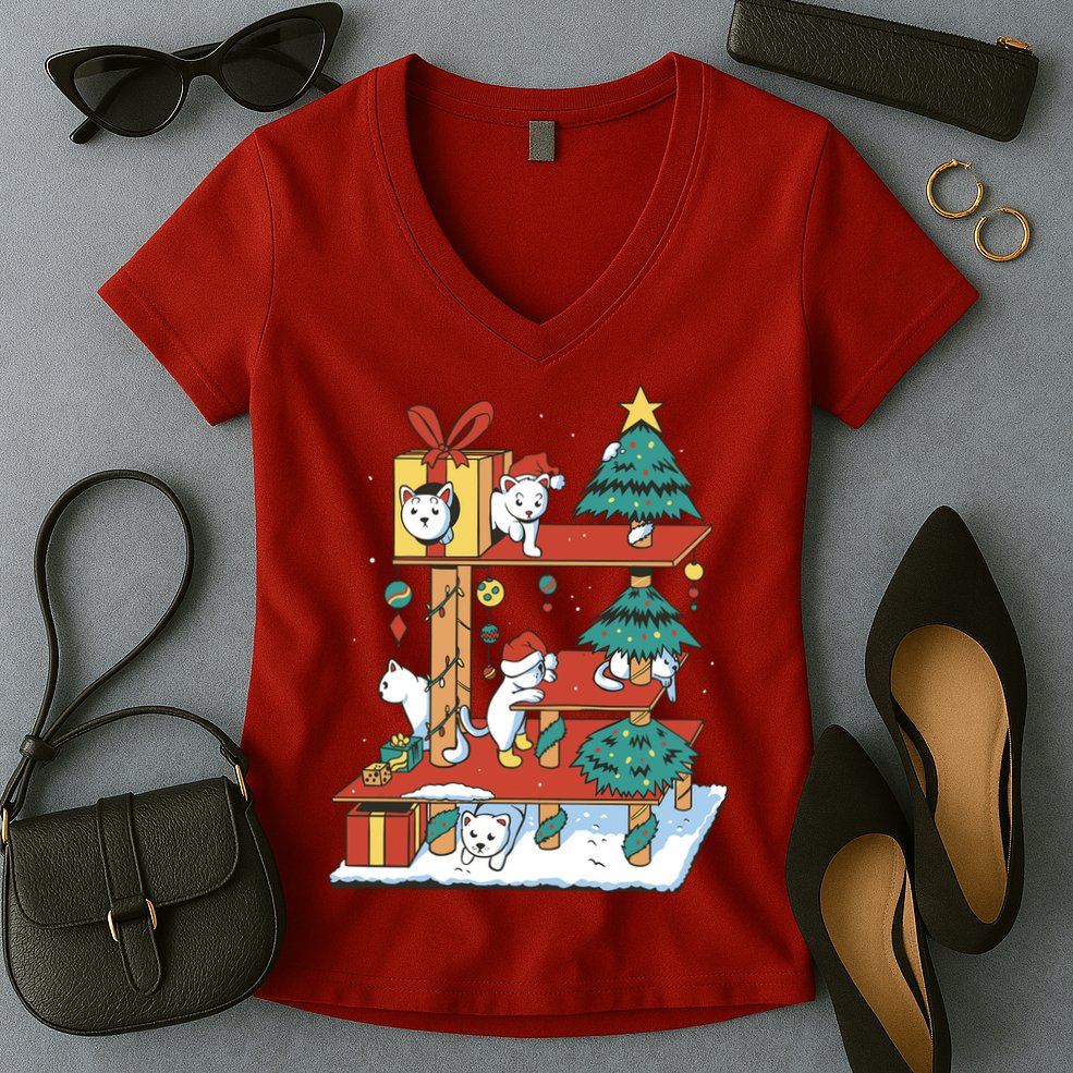 Cathouse Christmas Cat Tree Women's V-Neck T-Shirt