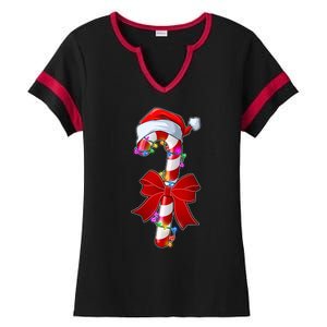 Cute Christmas Candy Cane Ladies Halftime Notch Neck Tee