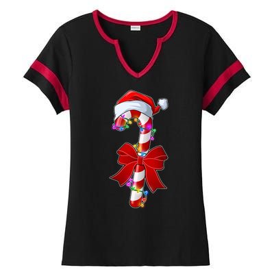 Cute Christmas Candy Cane Ladies Halftime Notch Neck Tee