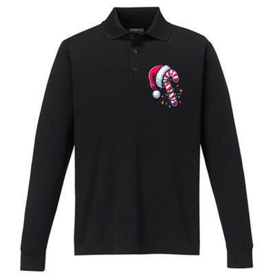 Candy Cane Christmas Lights Holiday Performance Long Sleeve Polo