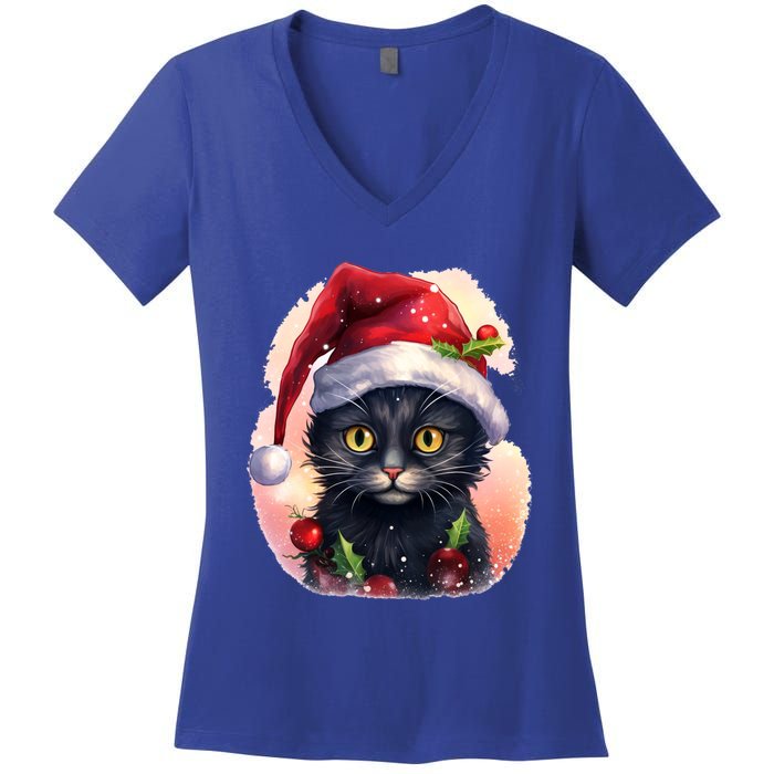 Cute Cat Christmas Black Cat Tree Lights Xmas Gift Women's V-Neck T-Shirt