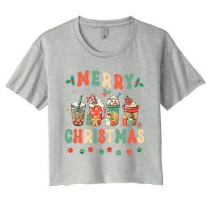 Christmas Coffee Cups Winter Snowman Cookies Groovy Xmas Women's Crop Top Tee