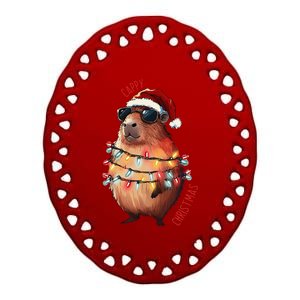 Cute Capybara Christmas Lights With Sunglass Animal Lover Ceramic Oval Ornament