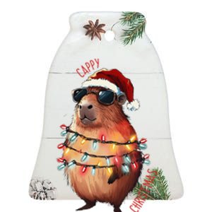 Cute Capybara Christmas Lights With Sunglass Animal Lover Ceramic Bell Ornament