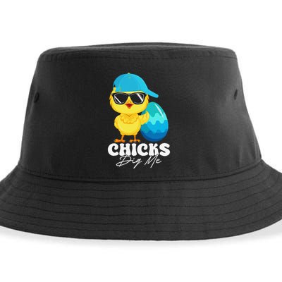 Cute Chicks Dig Me Happy Easter Funny Baby Chick With Egg Sustainable Bucket Hat