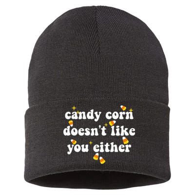 CANDY CORN DOESN'T LIKE YOU EITHER Funny Halloween Meme Sustainable Knit Beanie