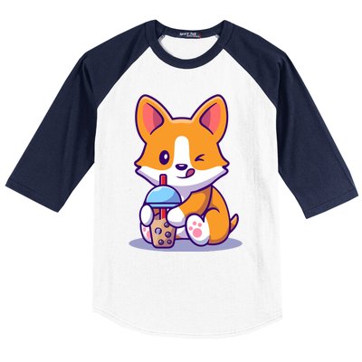 Cute Corgi Drink Milk Tea Boba Baseball Sleeve Shirt