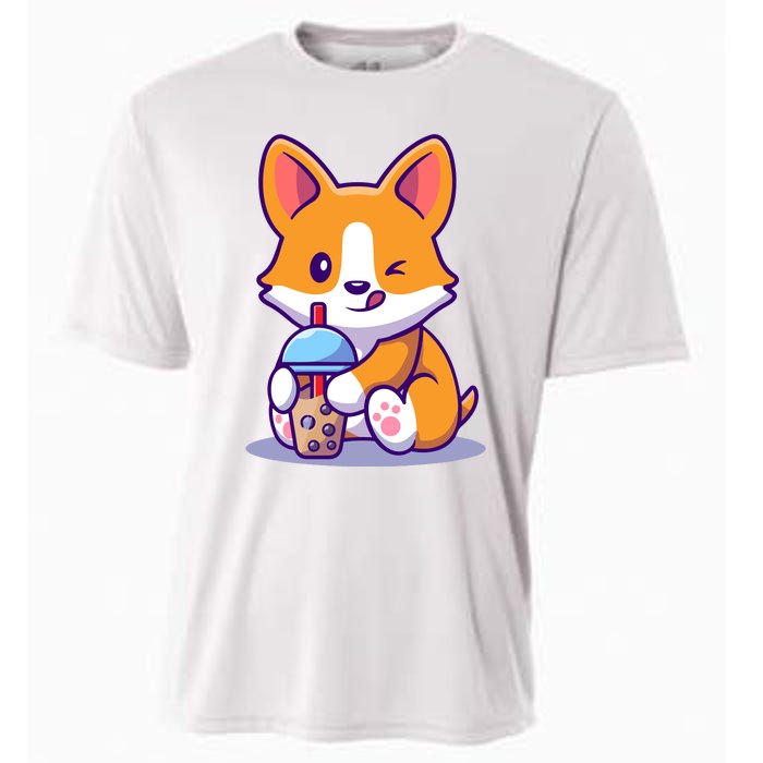 Cute Corgi Drink Milk Tea Boba Cooling Performance Crew T-Shirt