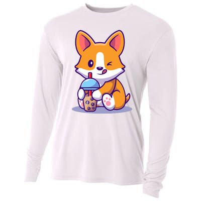 Cute Corgi Drink Milk Tea Boba Cooling Performance Long Sleeve Crew