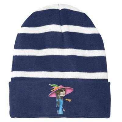 Calavera Catrina Dapper Skeleton Art Striped Beanie with Solid Band