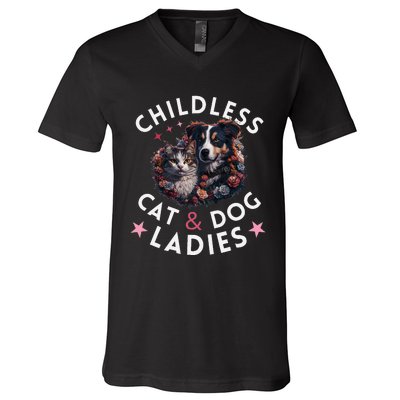 Childless Cat & Dog Ladies Voting For Kamala President 2024 V-Neck T-Shirt