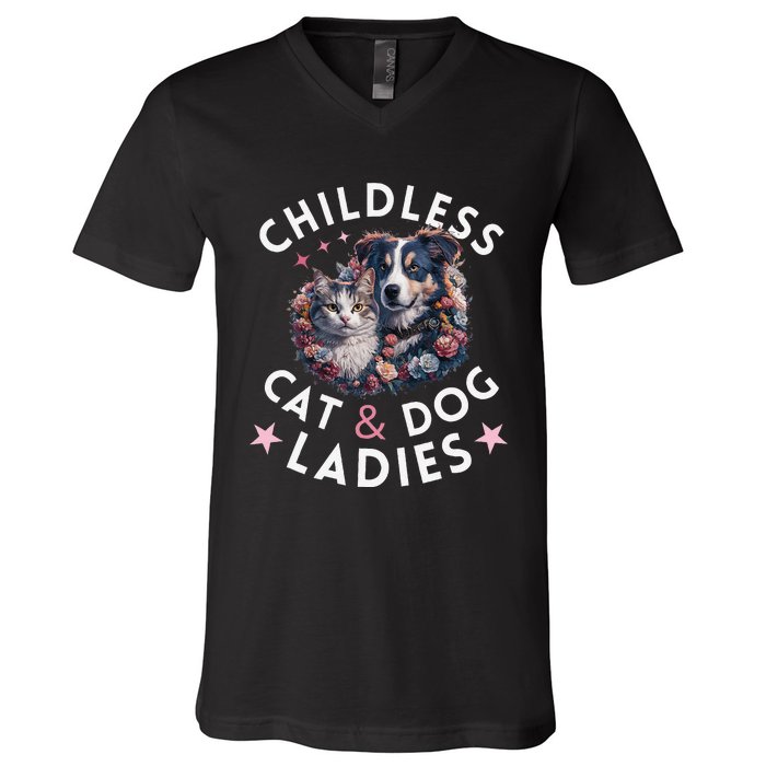 Childless Cat & Dog Ladies Voting For Kamala President 2024 V-Neck T-Shirt