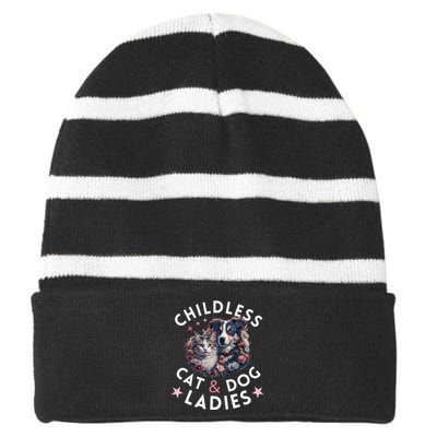 Childless Cat & Dog Ladies Voting For Kamala President 2024 Striped Beanie with Solid Band