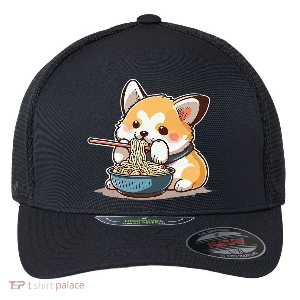 Chubby Corgi Dog Anime Eating Ramen Cute Flexfit Unipanel Trucker Cap