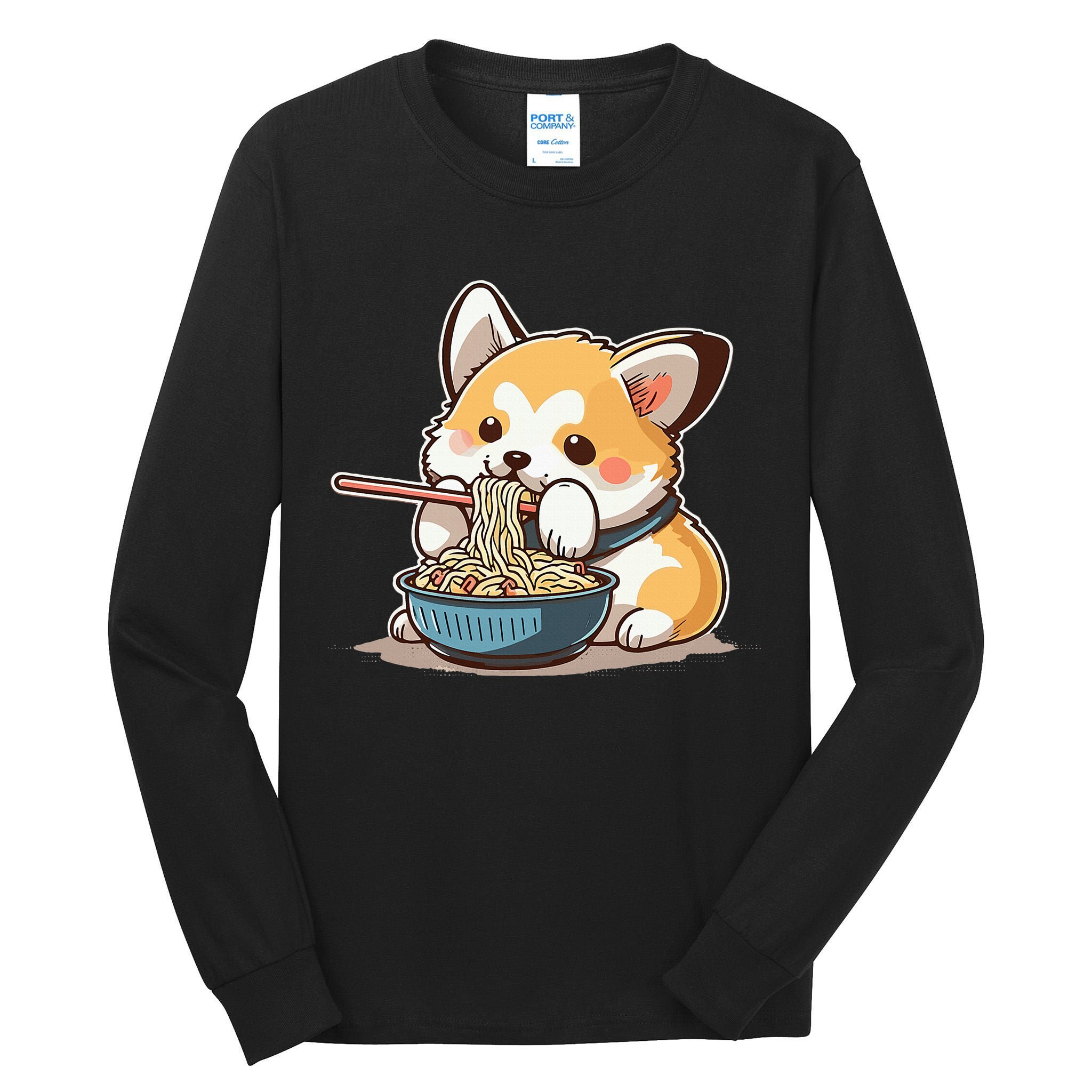 Chubby Corgi Dog Anime Eating Ramen Cute Tall Long Sleeve T-Shirt