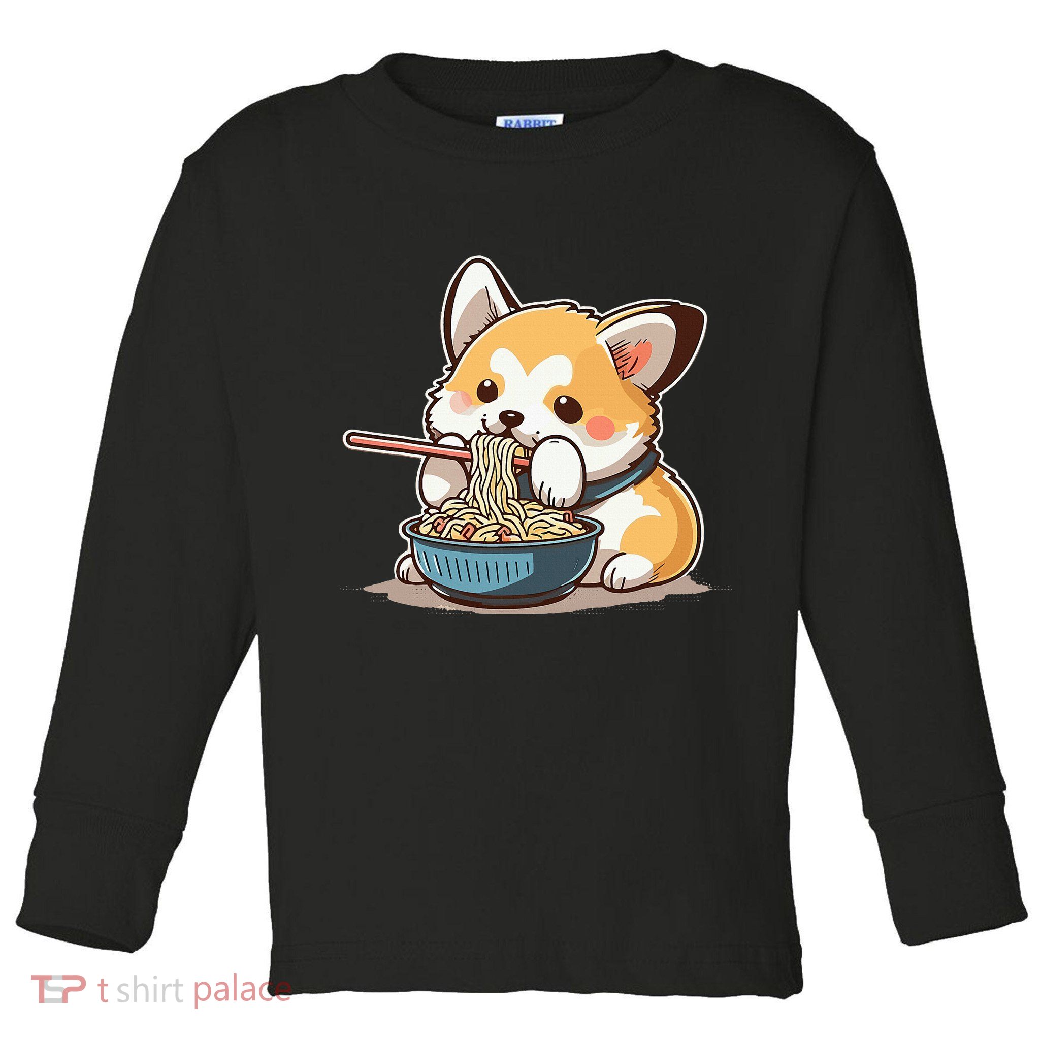 Chubby Corgi Dog Anime Eating Ramen Cute Toddler Long Sleeve Shirt