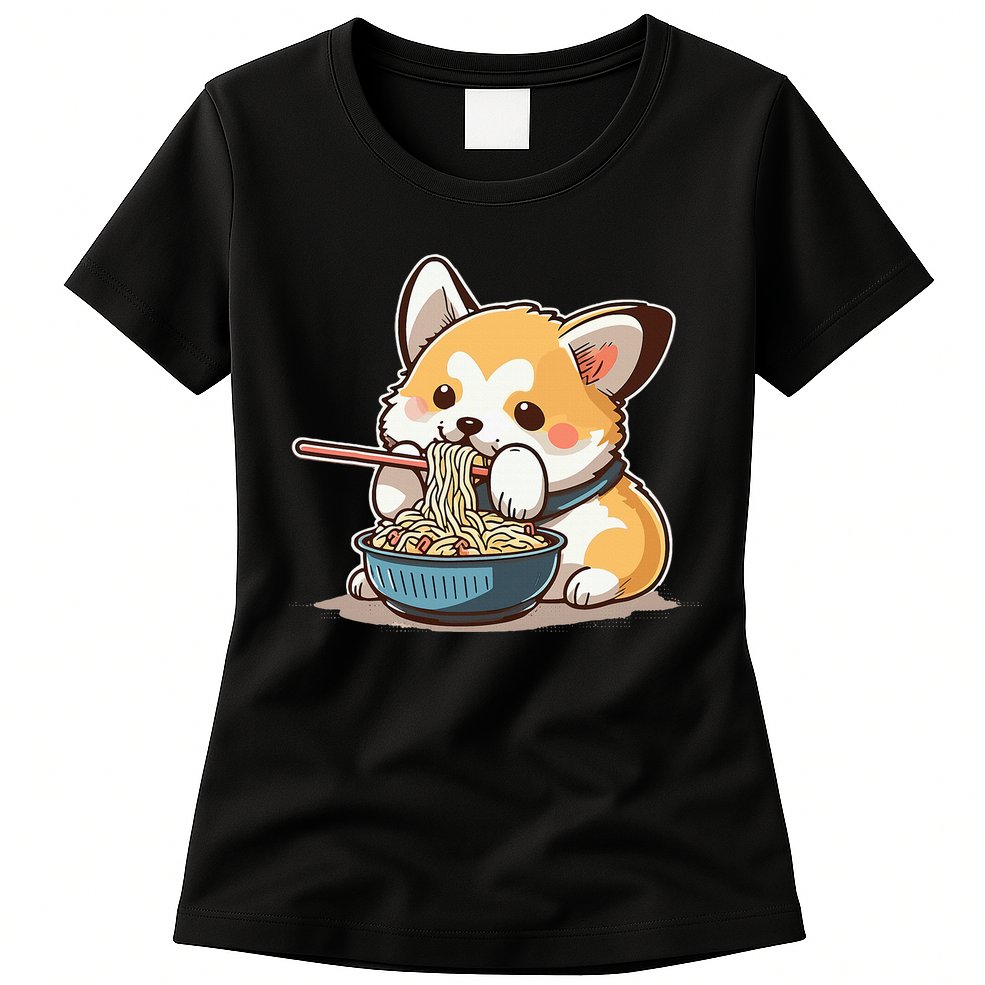 Chubby Corgi Dog Anime Eating Ramen Cute Womens T-Shirt