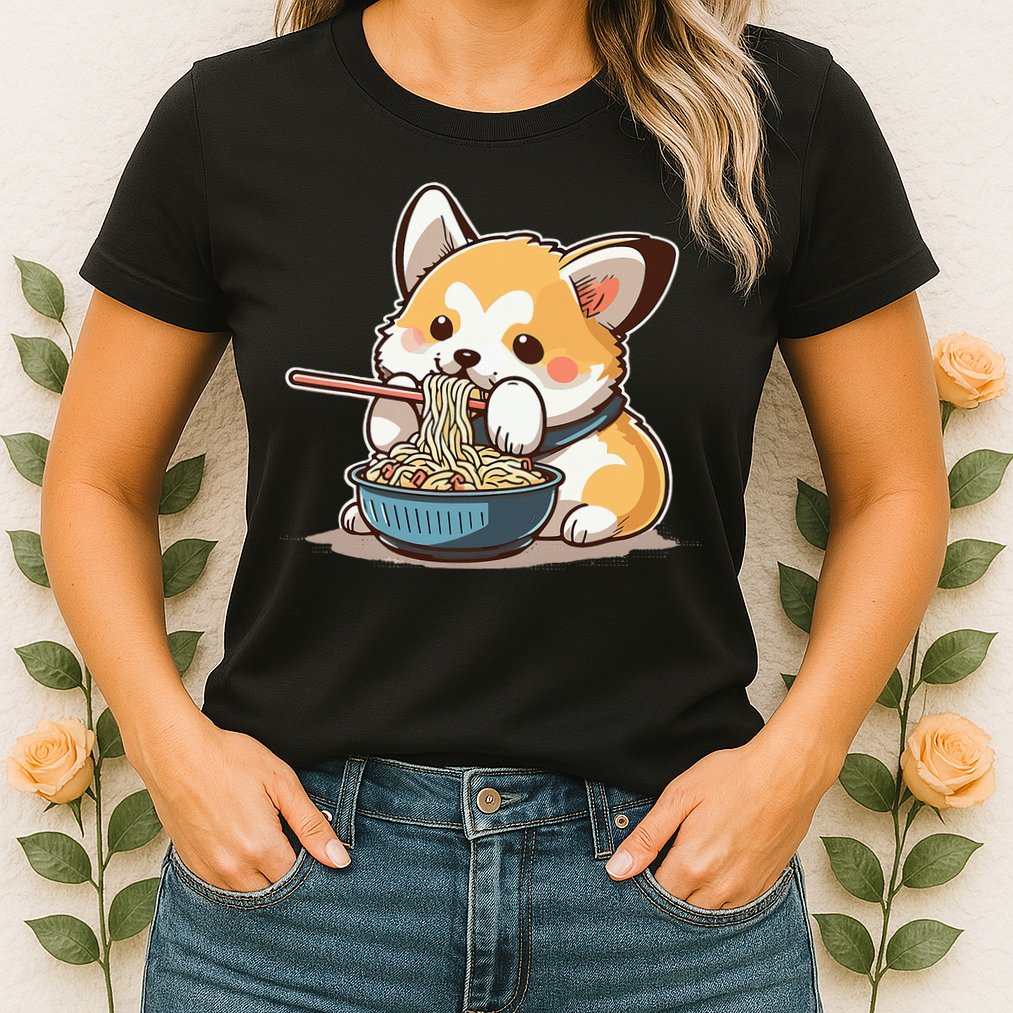 Chubby Corgi Dog Anime Eating Ramen Cute Womens T-Shirt