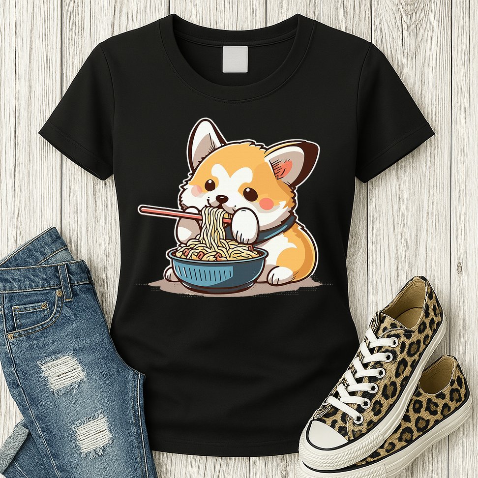 Chubby Corgi Dog Anime Eating Ramen Cute Womens T-Shirt