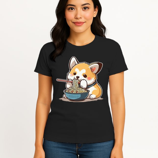 Chubby Corgi Dog Anime Eating Ramen Cute Womens T-Shirt