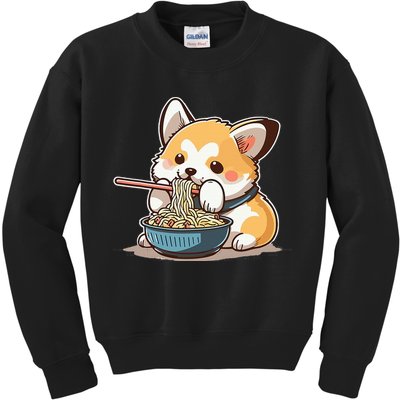 Chubby Corgi Dog Anime Eating Ramen Cute Kids Sweatshirt