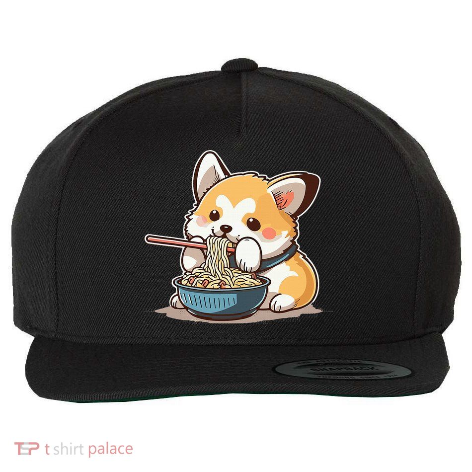 Chubby Corgi Dog Anime Eating Ramen Cute Wool Snapback Cap