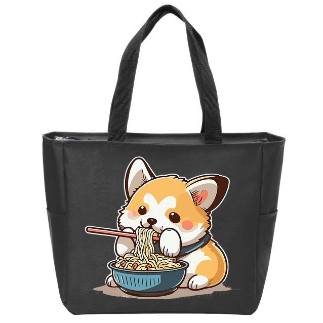 Chubby Corgi Dog Anime Eating Ramen Cute Zip Tote Bag