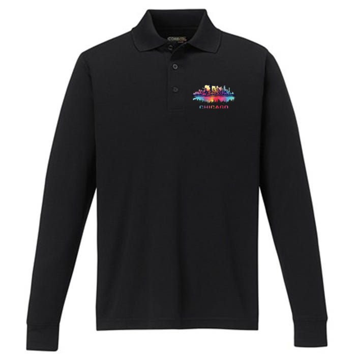 Chicago City Downtown Skyline Performance Long Sleeve Polo