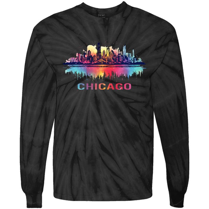 Chicago City Downtown Skyline Tie-Dye Long Sleeve Shirt