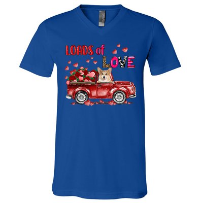 Cute Corgi Dog Driving Red Truck Happy Valentine's Day Gift V-Neck T-Shirt