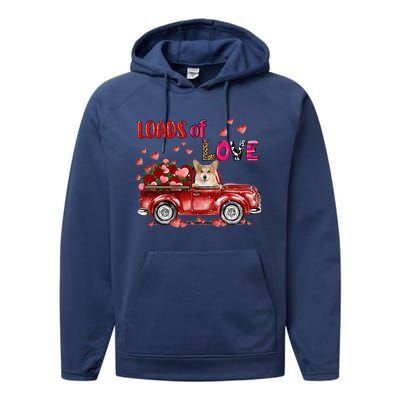 Cute Corgi Dog Driving Red Truck Happy Valentine's Day Gift Performance Fleece Hoodie