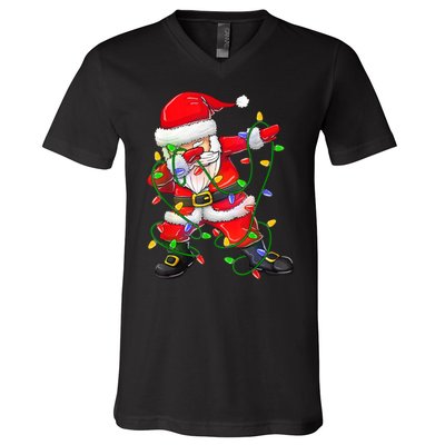 Cute Christmas Dabbing Santa Lights V-Neck T-Shirt