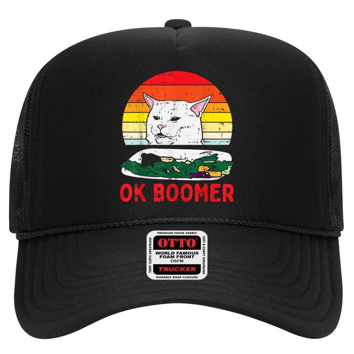 Confused Cat Dinner Table Ok Boomer Funny Meme Lover Gift High Crown Mesh Back Trucker Hat