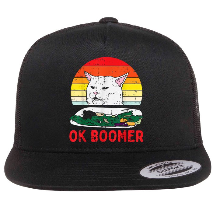 Confused Cat Dinner Table Ok Boomer Funny Meme Lover Gift Flat Bill Trucker Hat