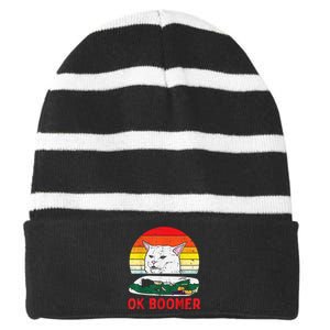 Confused Cat Dinner Table Ok Boomer Funny Meme Lover Gift Striped Beanie with Solid Band