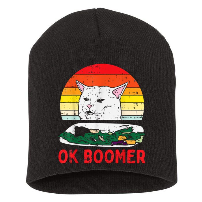 Confused Cat Dinner Table Ok Boomer Funny Meme Lover Gift Short Acrylic Beanie