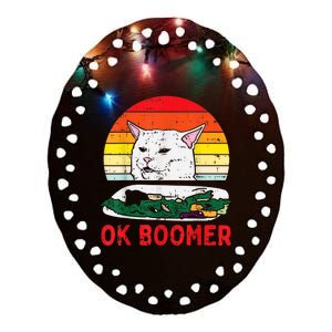 Confused Cat Dinner Table Ok Boomer Funny Meme Lover Gift Ceramic Oval Ornament