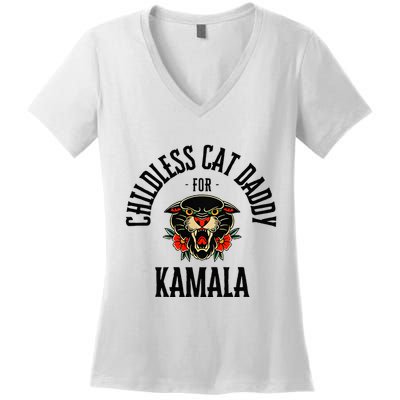 Childless Cat Daddy For Kamala Against Fascism Feminist Women's V-Neck T-Shirt