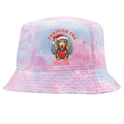 Cute Christmas Dachshund Dog Through The Snow Xmas Holiday Gift Tie-Dyed Bucket Hat