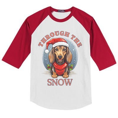 Cute Christmas Dachshund Dog Through The Snow Xmas Holiday Cool Gift Kids Colorblock Raglan Jersey