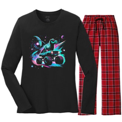 Cool Camel Driving Monster Truck In Cosmic Space Women's Long Sleeve Flannel Pajama Set 