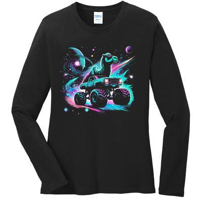 Cool Camel Driving Monster Truck In Cosmic Space Ladies Long Sleeve Shirt