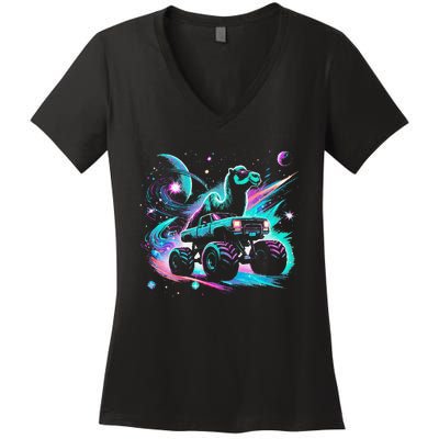 Cool Camel Driving Monster Truck In Cosmic Space Women's V-Neck T-Shirt