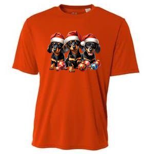 Cute Christmas Doxie Puppies In Santa Hats And Xmas Ornats Gift Cooling Performance Crew T-Shirt