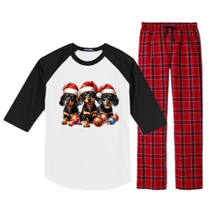 Cute Christmas Doxie Puppies In Santa Hats And Xmas Ornats Gift Raglan Sleeve Pajama Set