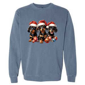 Cute Christmas Doxie Puppies In Santa Hats And Xmas Ornats Gift Garment-Dyed Sweatshirt