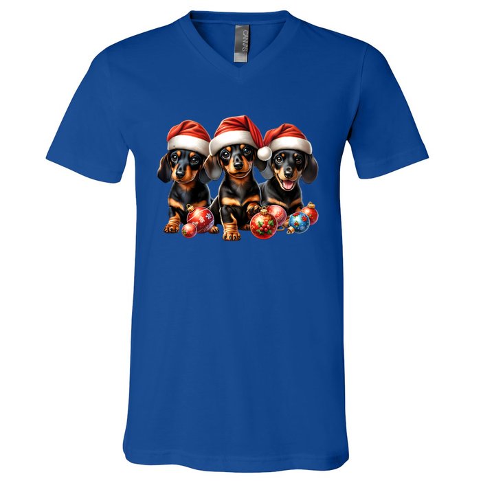 Cute Christmas Doxie Puppies In Santa Hats And Xmas Ornats Gift V-Neck T-Shirt