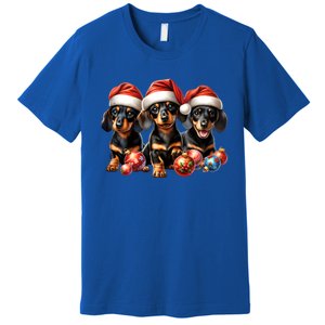 Cute Christmas Doxie Puppies In Santa Hats And Xmas Ornats Gift Premium T-Shirt