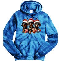 Cute Christmas Doxie Puppies In Santa Hats And Xmas Ornats Gift Tie Dye Hoodie