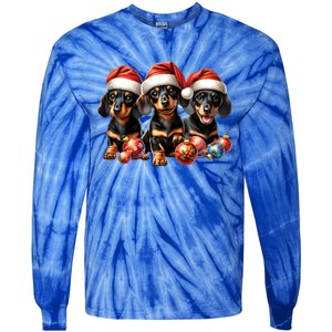 Cute Christmas Doxie Puppies In Santa Hats And Xmas Ornats Gift Tie-Dye Long Sleeve Shirt